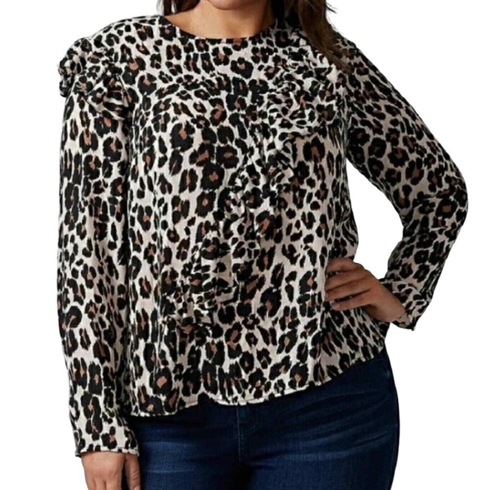 Lane Bryant Blouse Womens 24 Brown Black Leopard‎ Asymmetrical Ruffle Top Boho